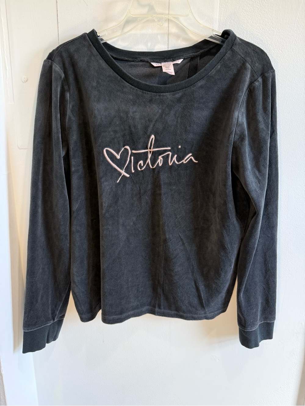 Victoria's Secret Velour Black Long-Sleeve Top with Pink Script and Open Back